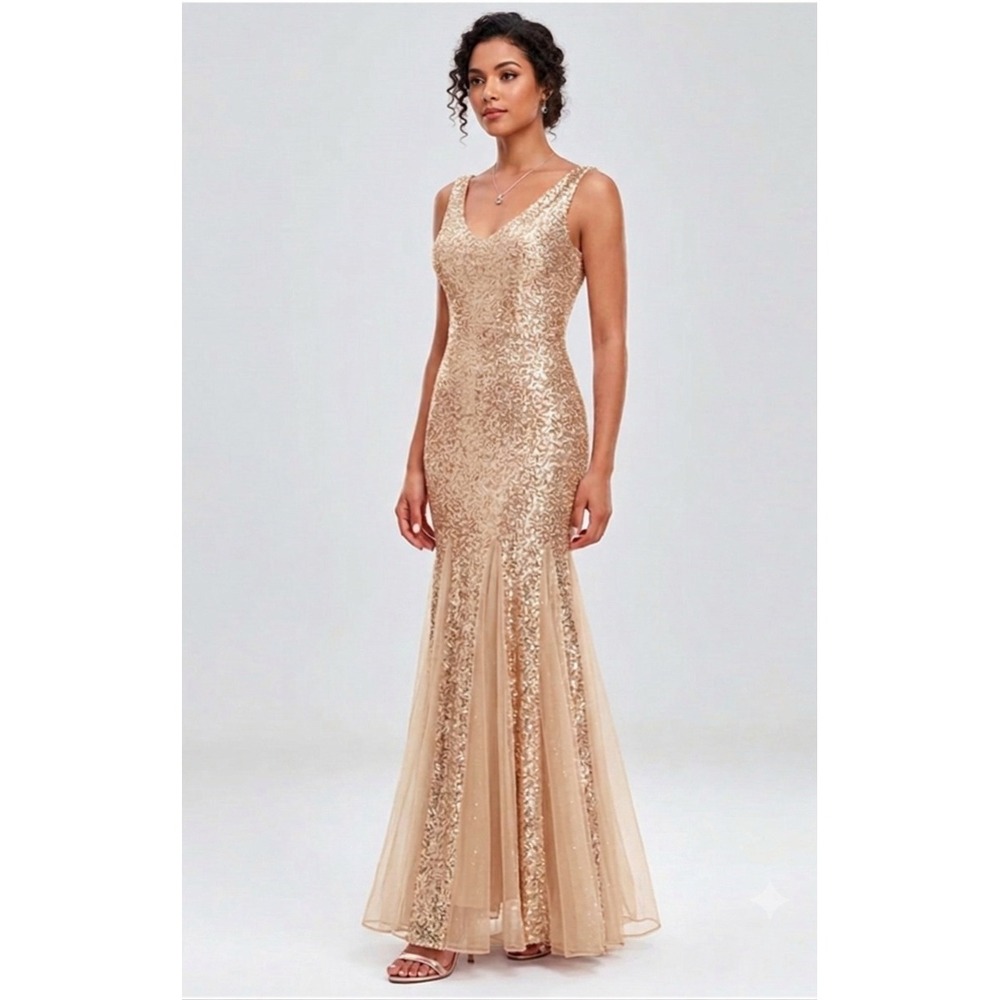 Champagne Rose Gold Sequin Mermaid Gown Formal Prom Dress Size S HOCO Wedding
